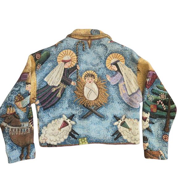 Rare Vintage Nativity Tapestry Jacket Cropped Painted Pony Art To Wear Small - Picture 2 of 15